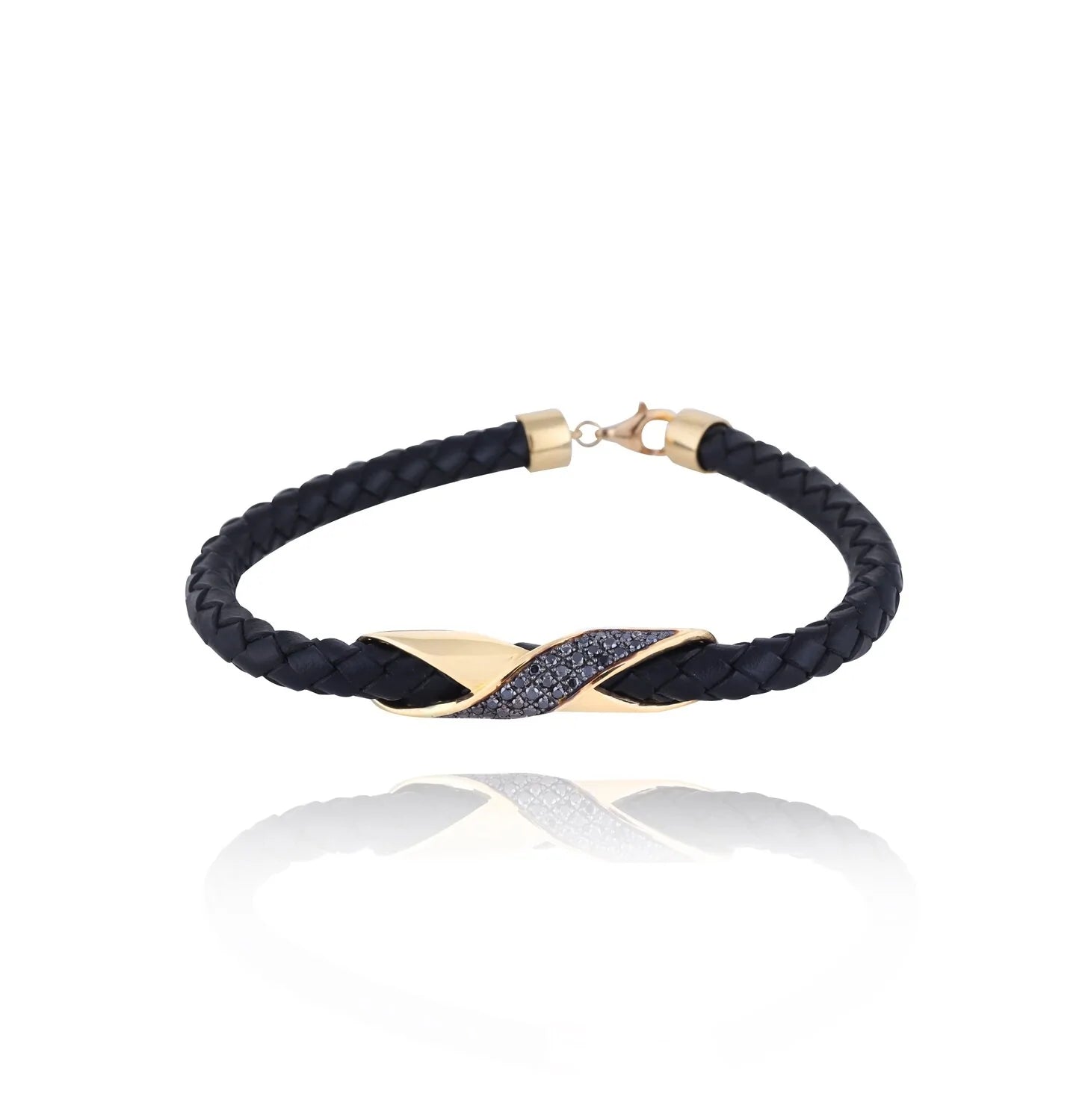 Pulseira masculina couro legítimo e ouro 18k diamantes line luxo