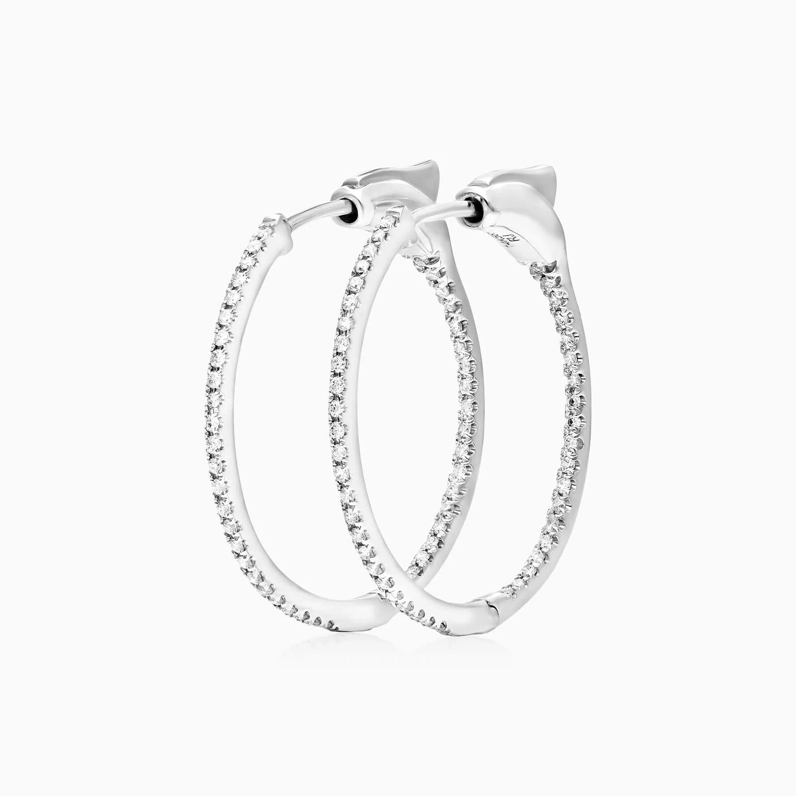 Brinco de Ouro Branco 18k Argola Com Diamantes 0,25 Pts o Par
