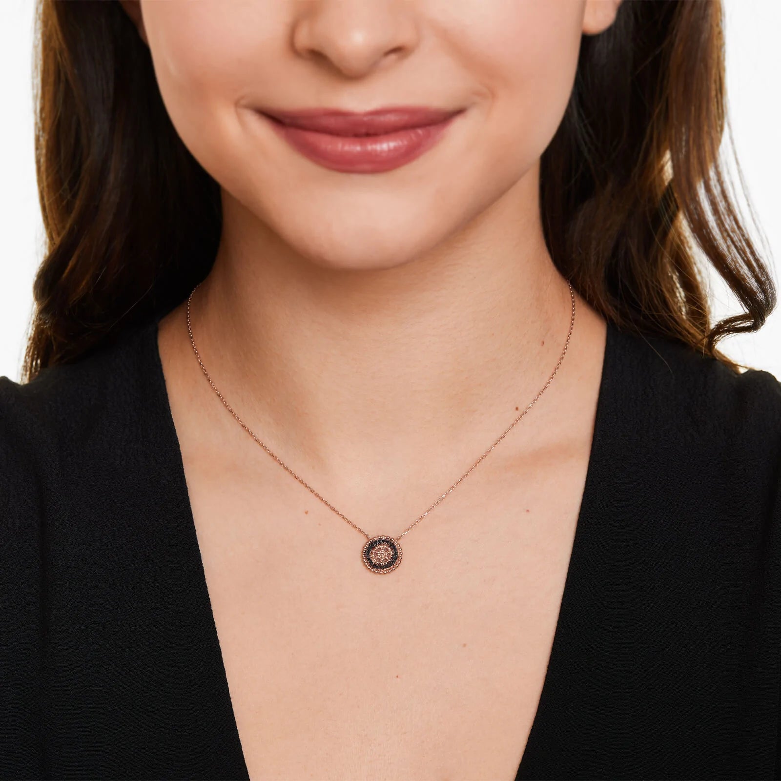 Colar Corrente De Ouro Rose 18k Feminina C/ Pingente De Diamante Pretos Luxo