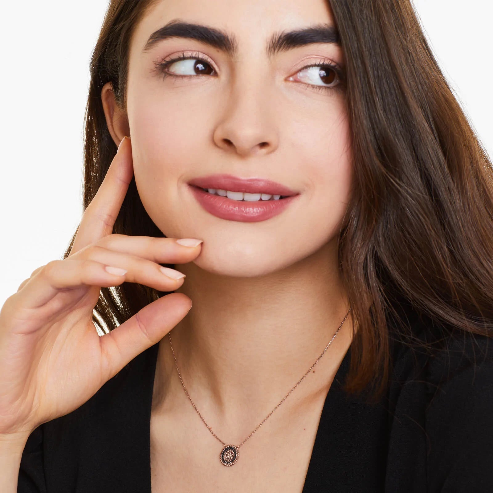 Colar Corrente De Ouro Rose 18k Feminina C/ Pingente De Diamante Pretos Luxo