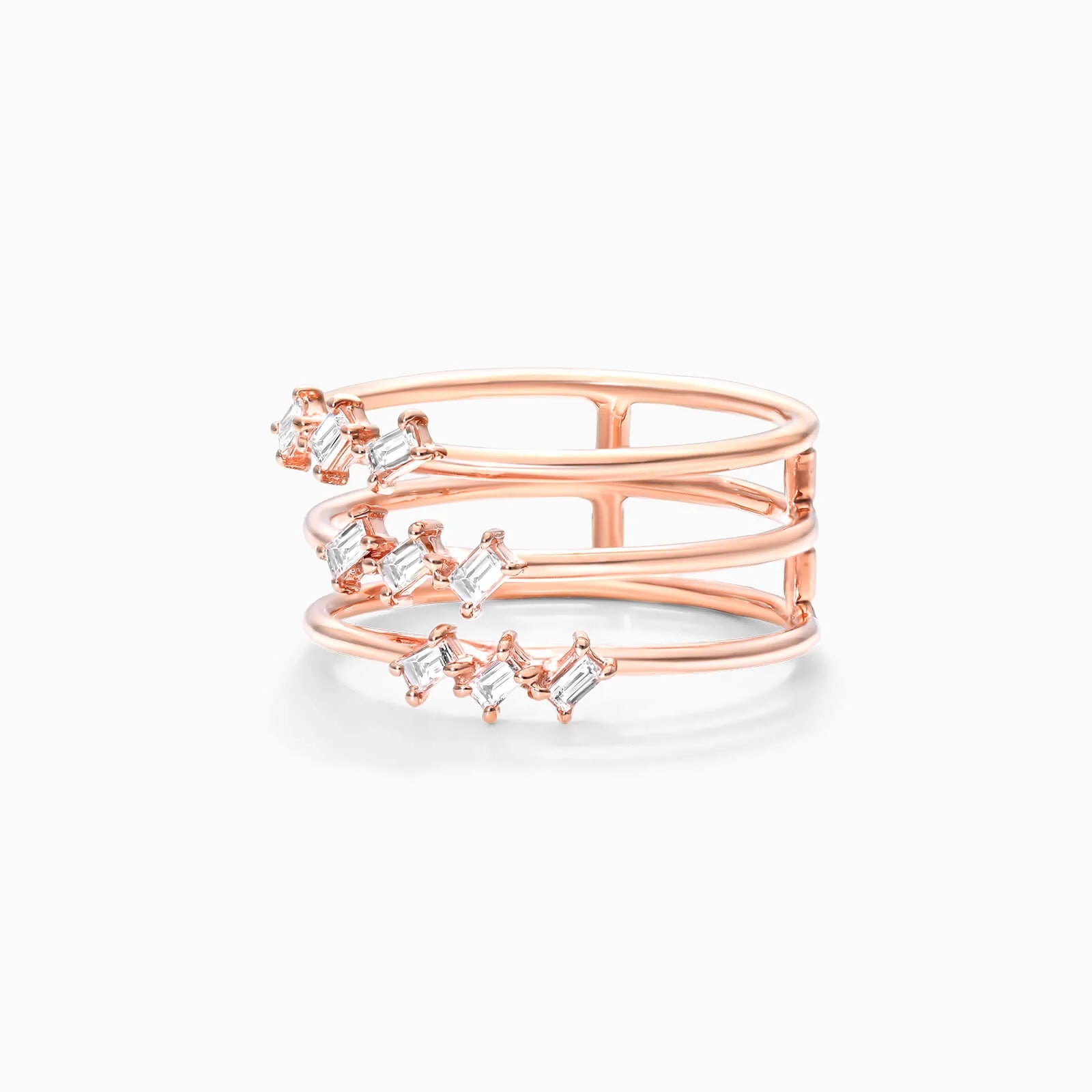Anel De Três Fileira Ouro 18k Delicado Diamante Baguette