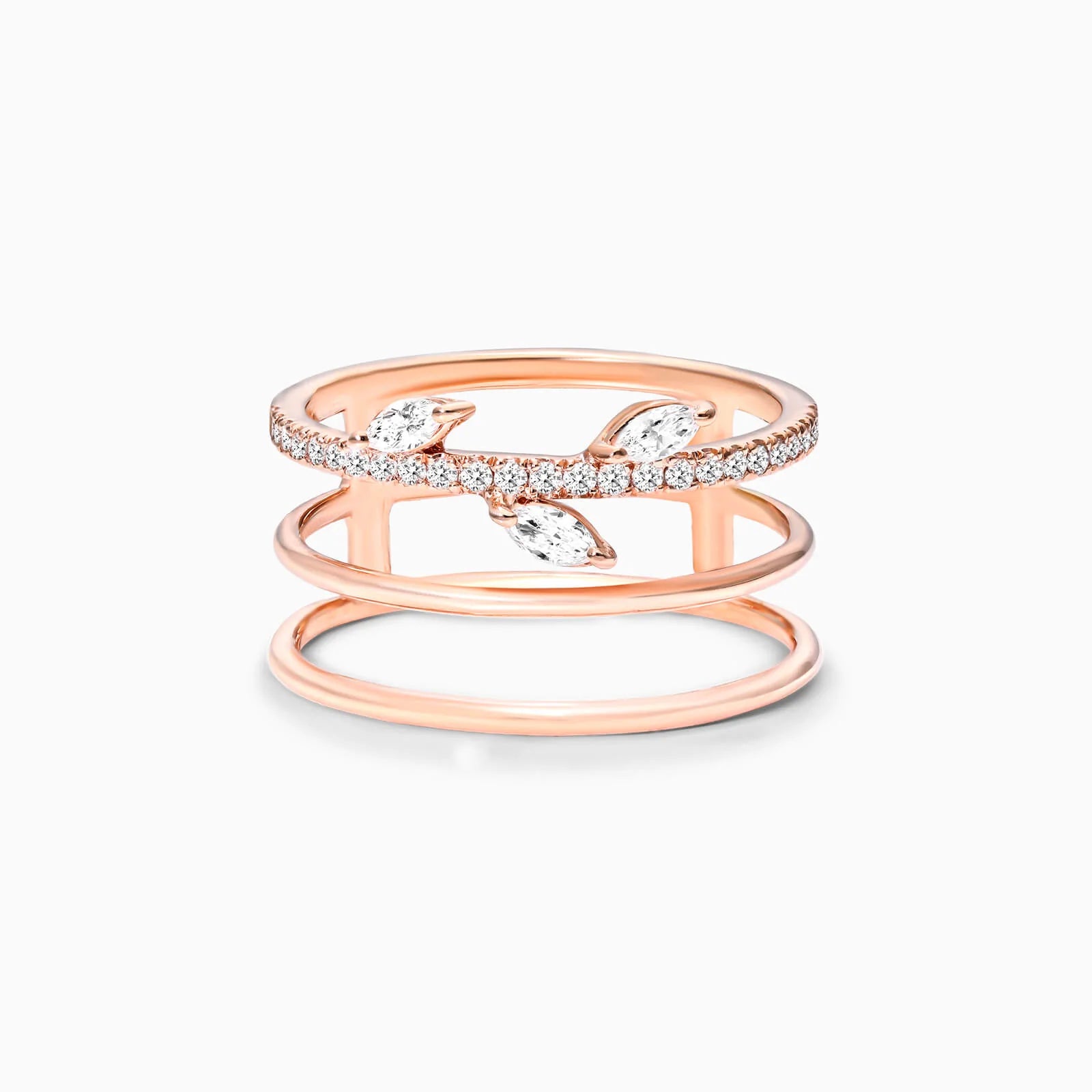 Anel De Três Fileira Ouro 18k Diamante Marquise e Brilhante