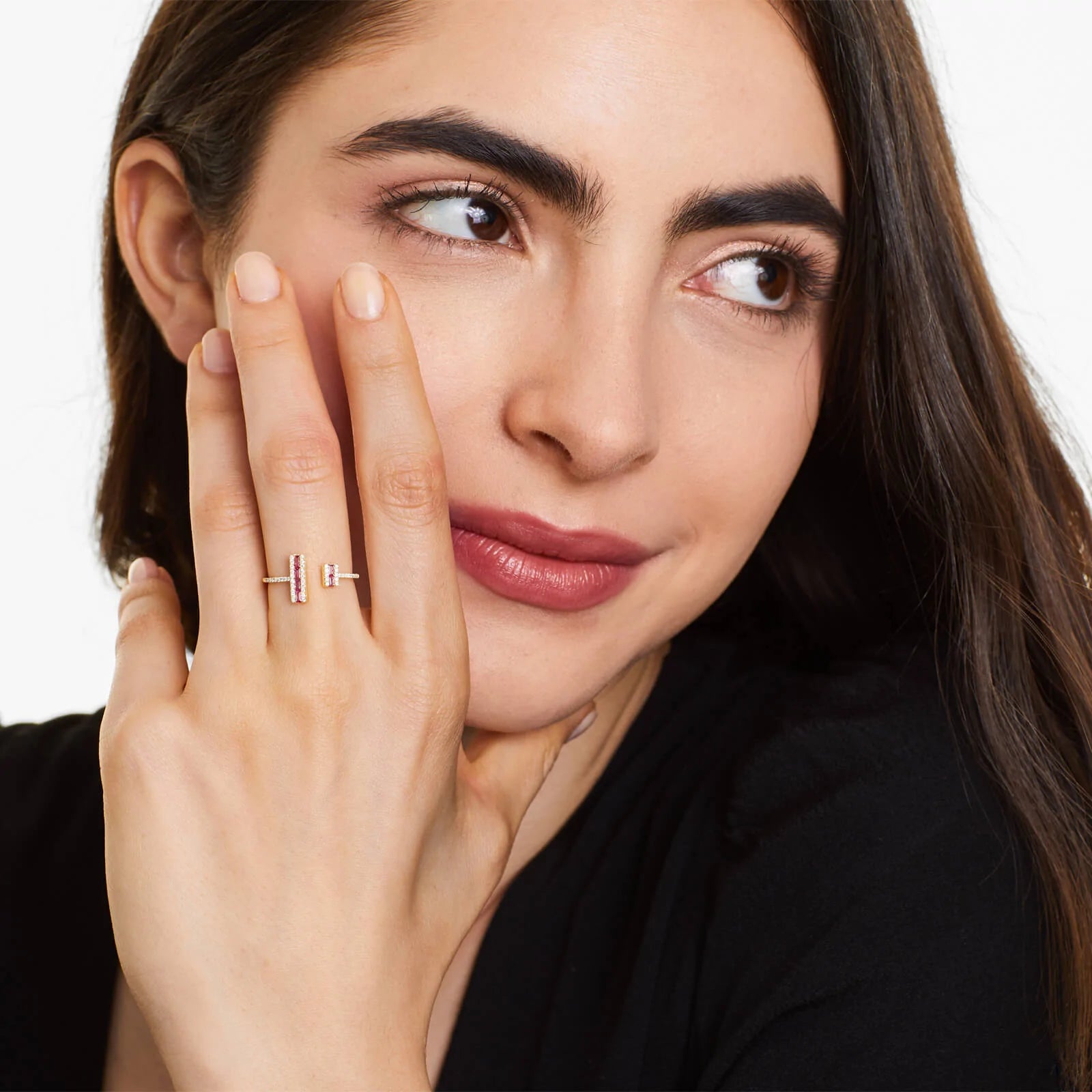Anel De Ouro 18k Aberto C/ Rubi Baguette e Diamantes Brilhantes