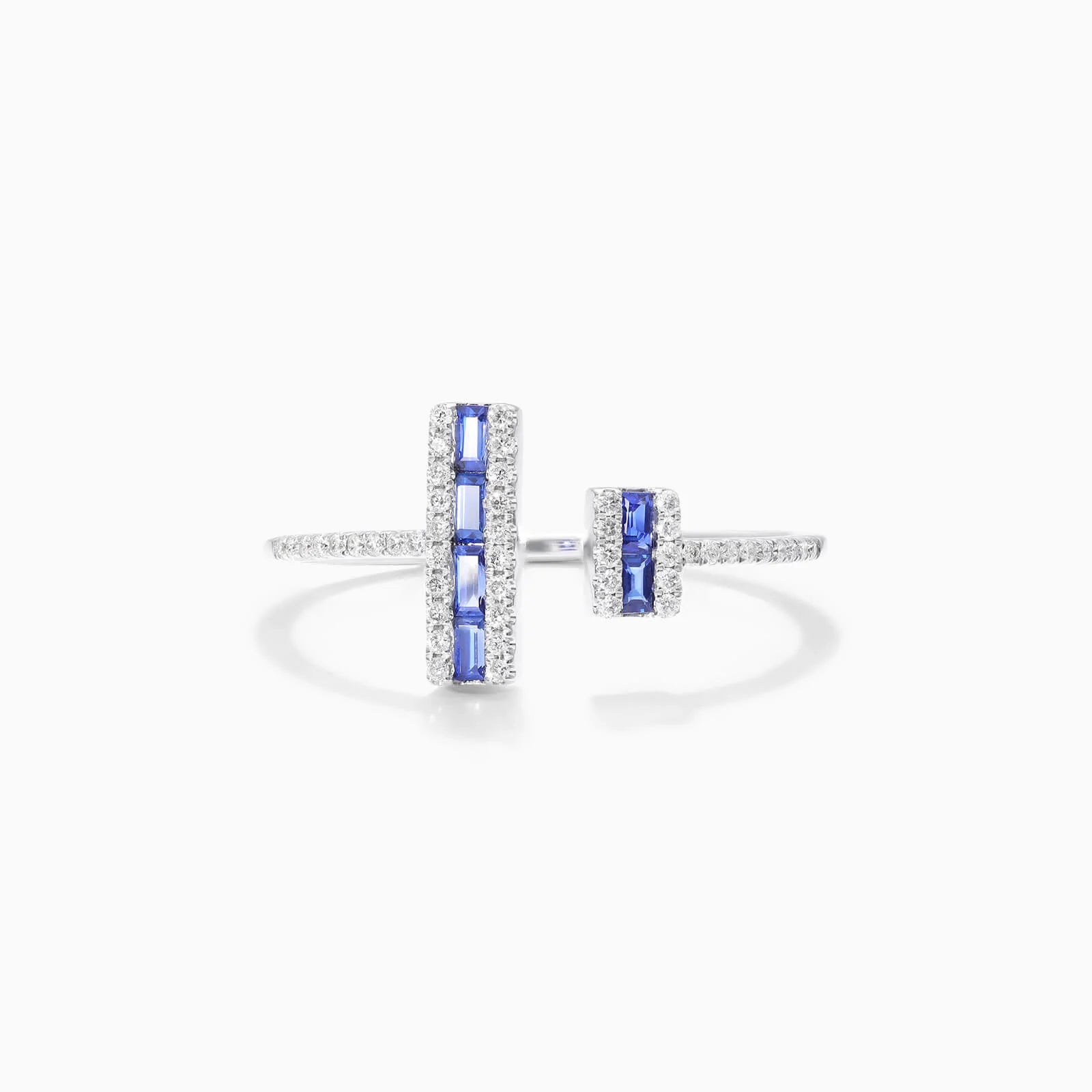 Anel De Ouro 18k Aberto C/ Safira Azul Baguette e Diamantes Brilhantes