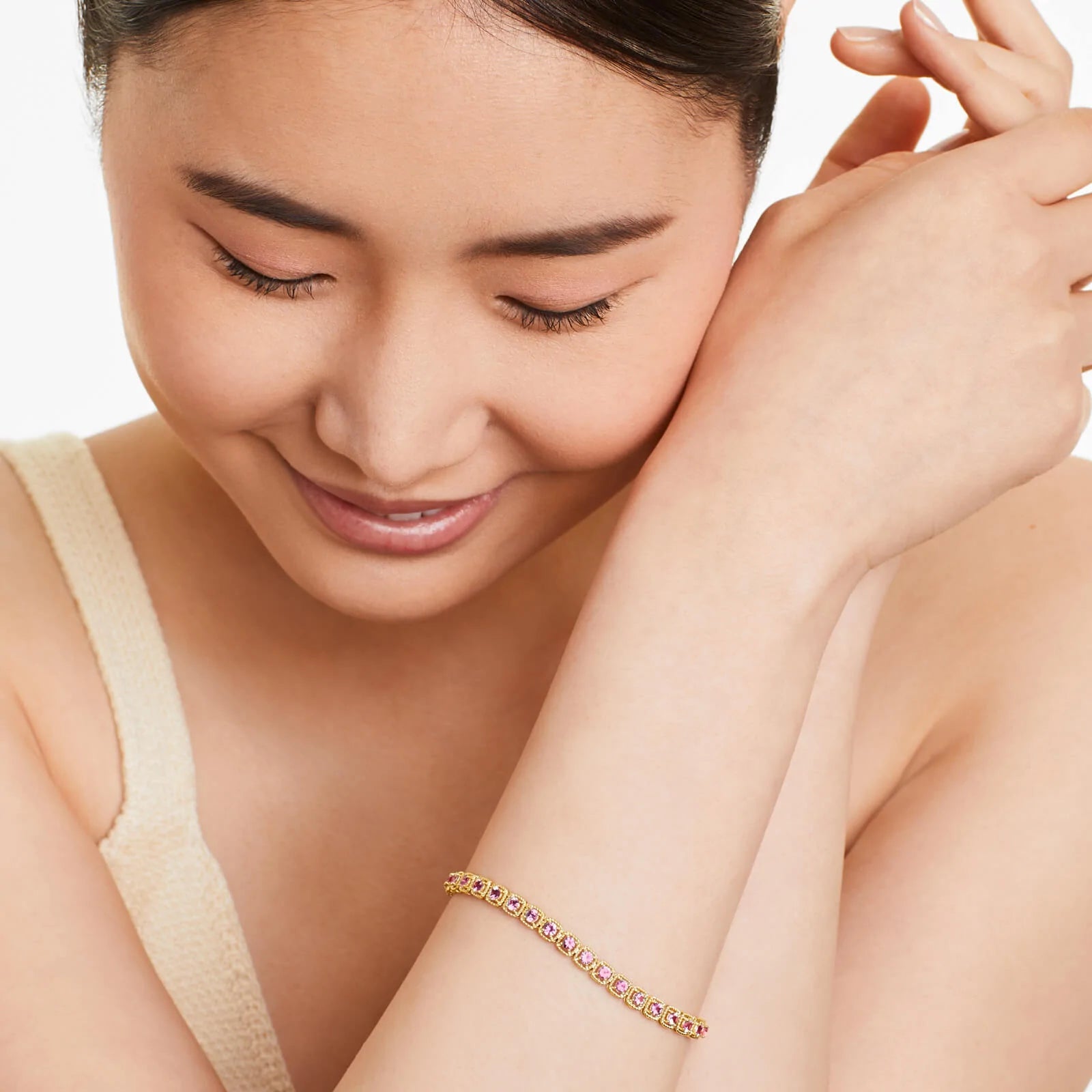 Pulseira Feminina de Ouro Amarelo 18k Riviera Halo de Safira Rosa
