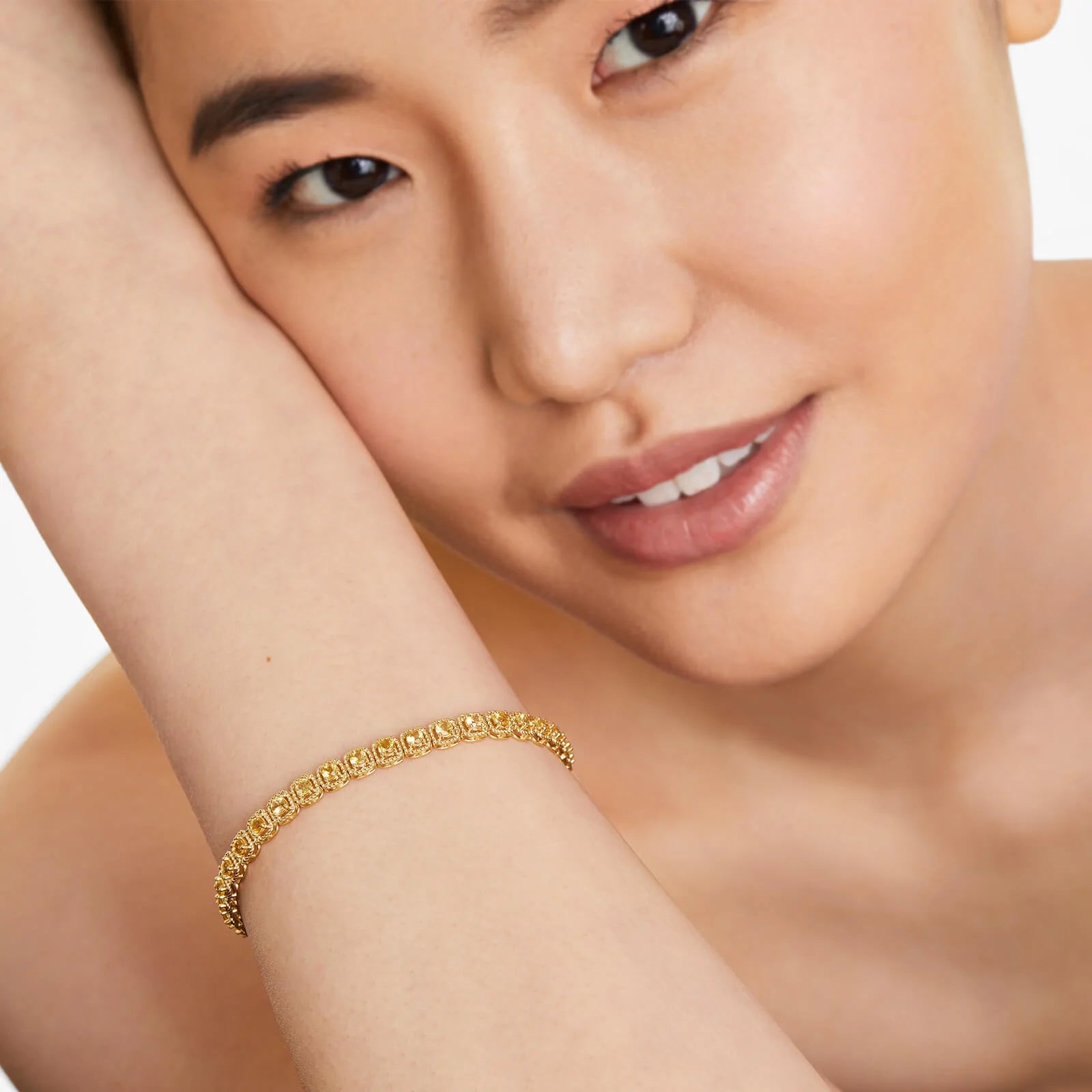 Pulseira Feminina de Ouro Amarelo 18k Riviera Halo de Safira Amarelo