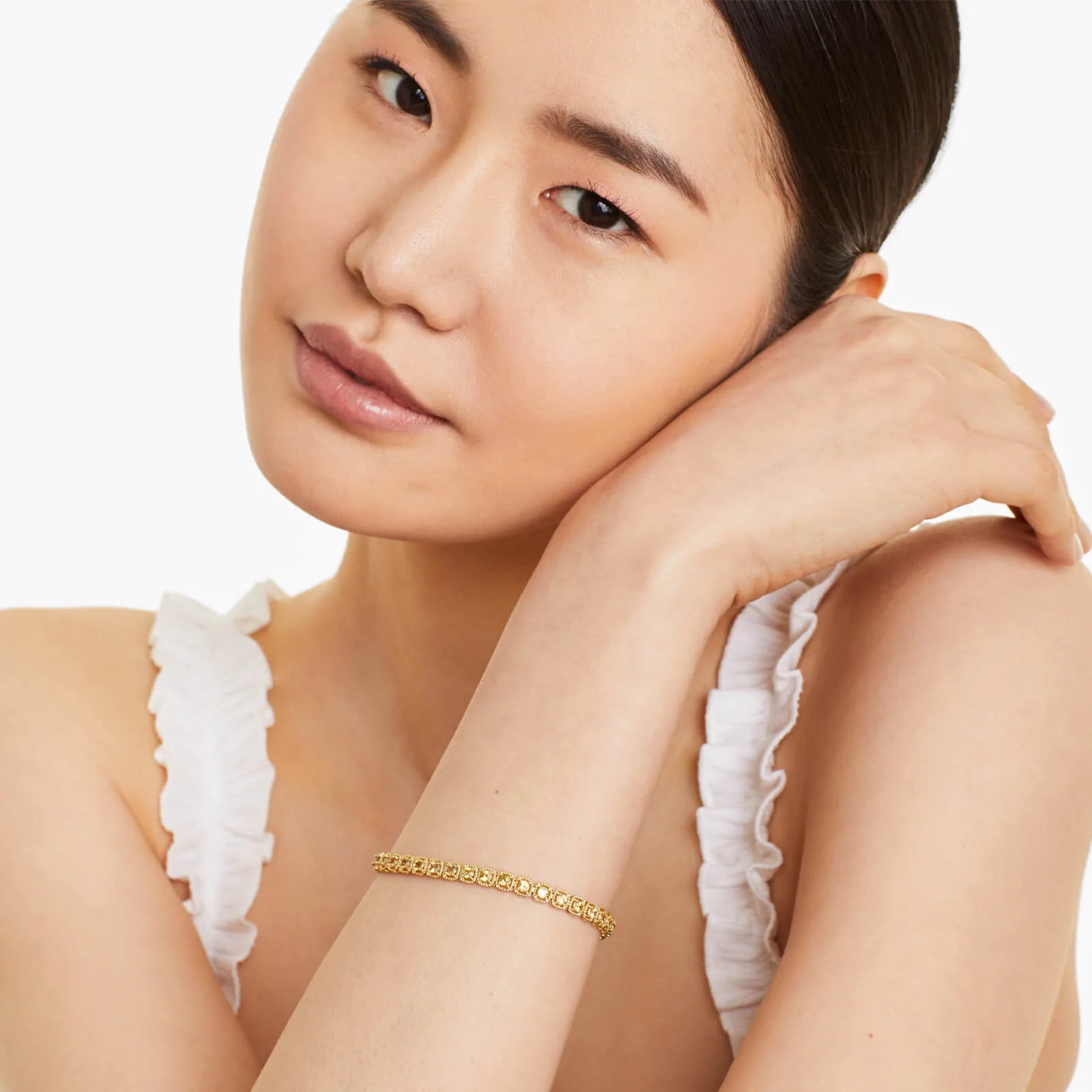 Pulseira Feminina de Ouro Amarelo 18k Riviera Halo de Safira Amarelo