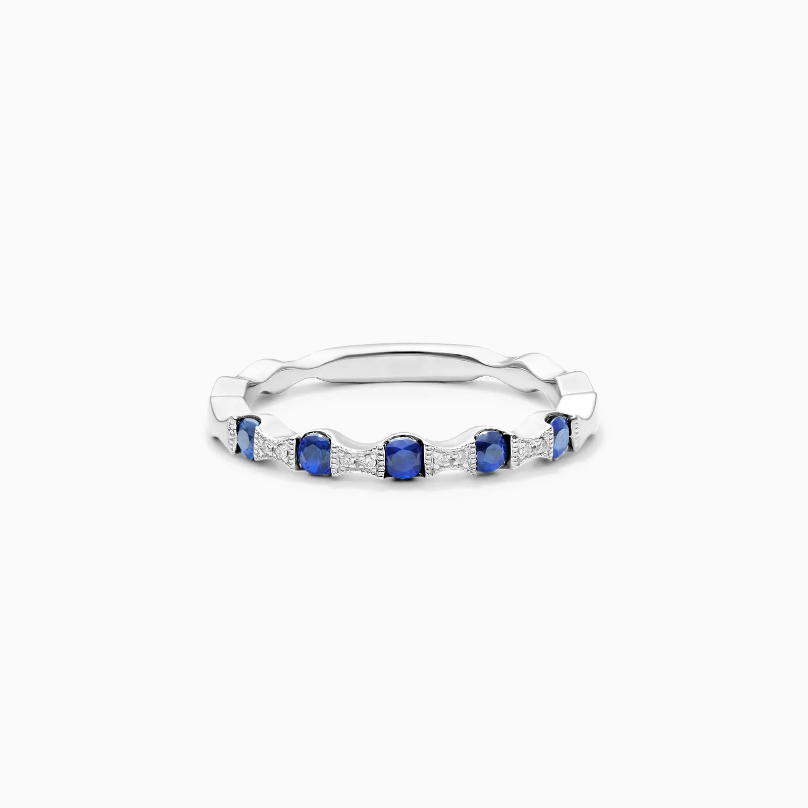 Anel De Ouro 18k Aparador Meia Aliança c/ Safira Azul e Diamantes Brilhantes