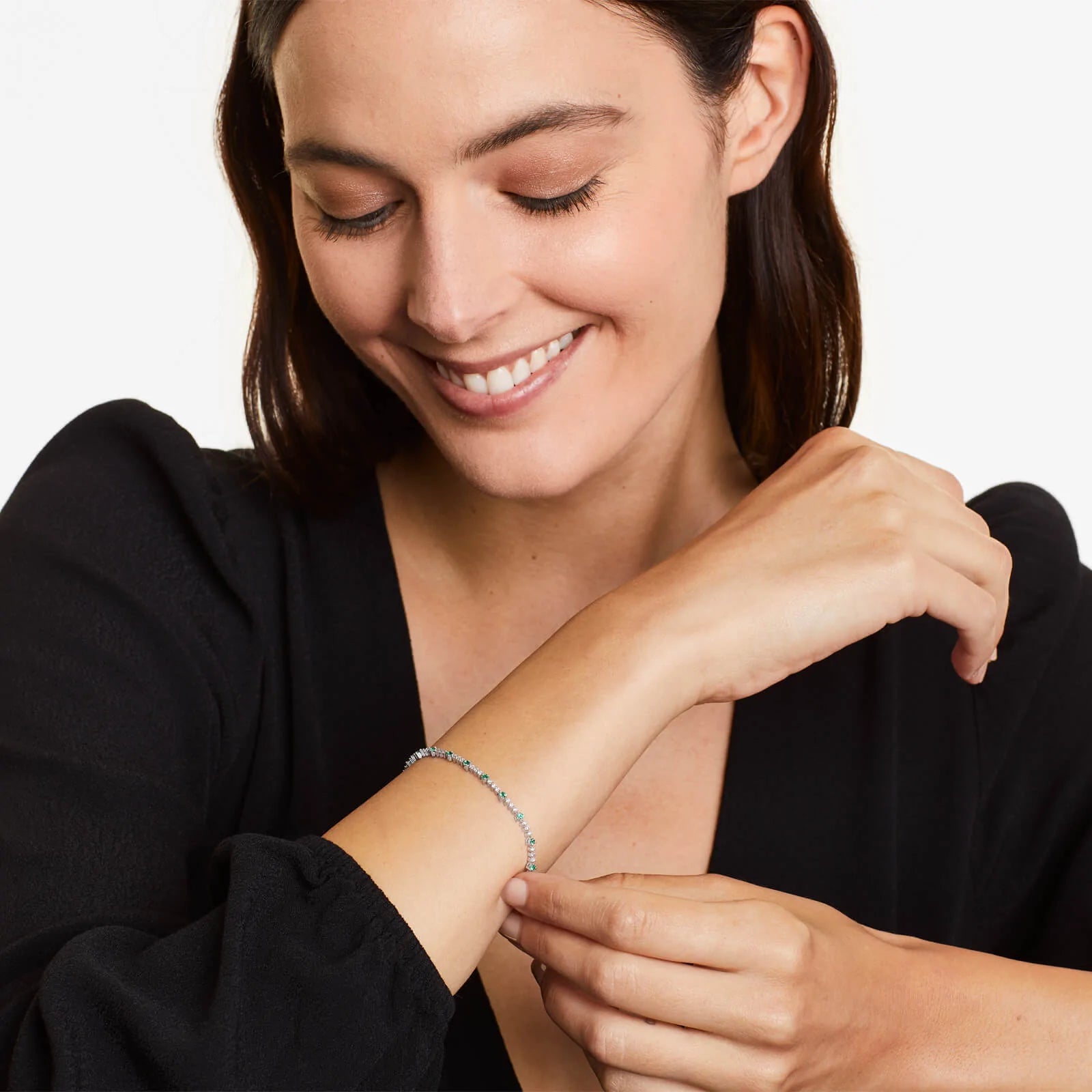 Pulseira Riviera Feminina de Ouro 18k Diamantes e Esmeralda Luxo