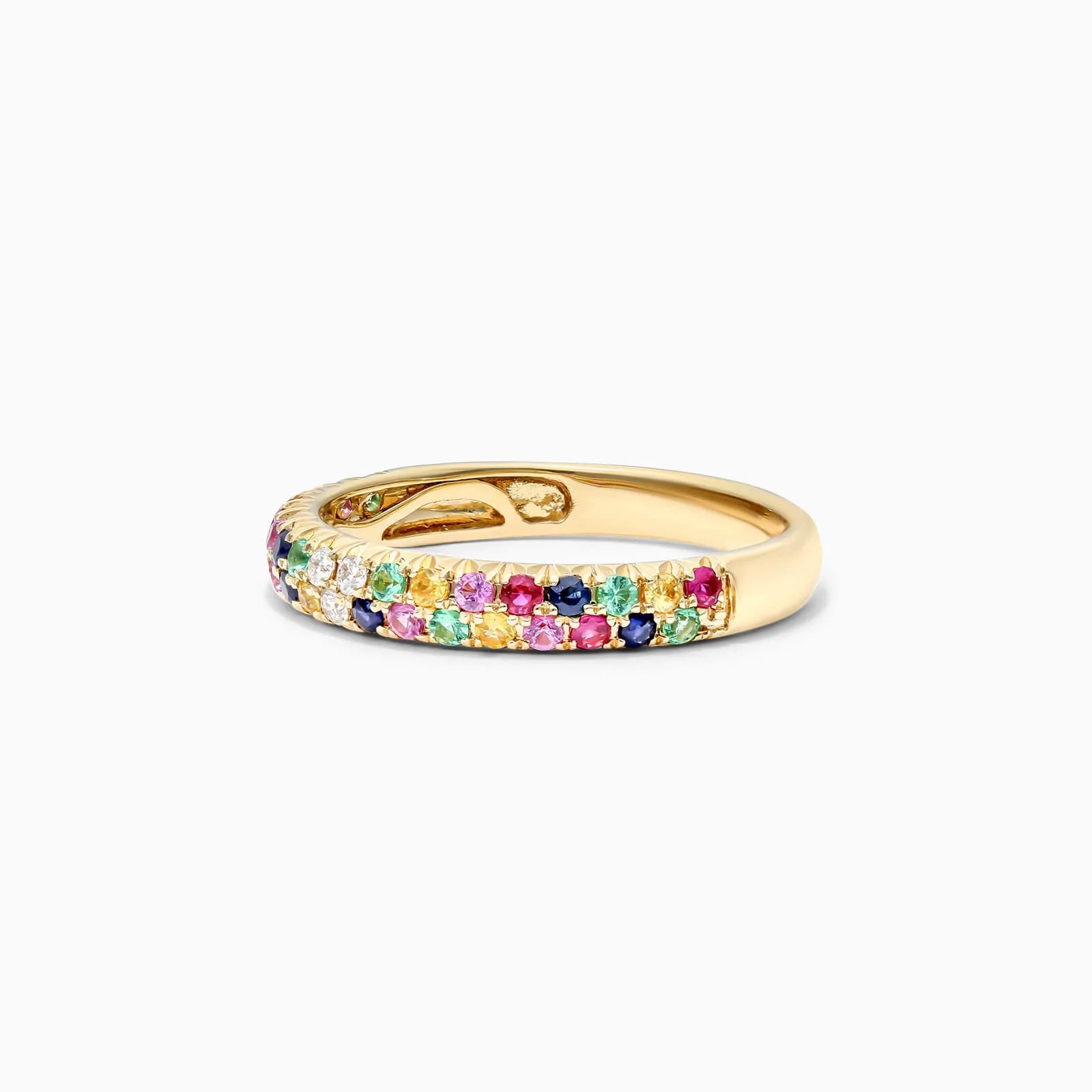 Anel aparador De Ouro Amarelo 18k Fileira Dupla de Safiras Coloridas