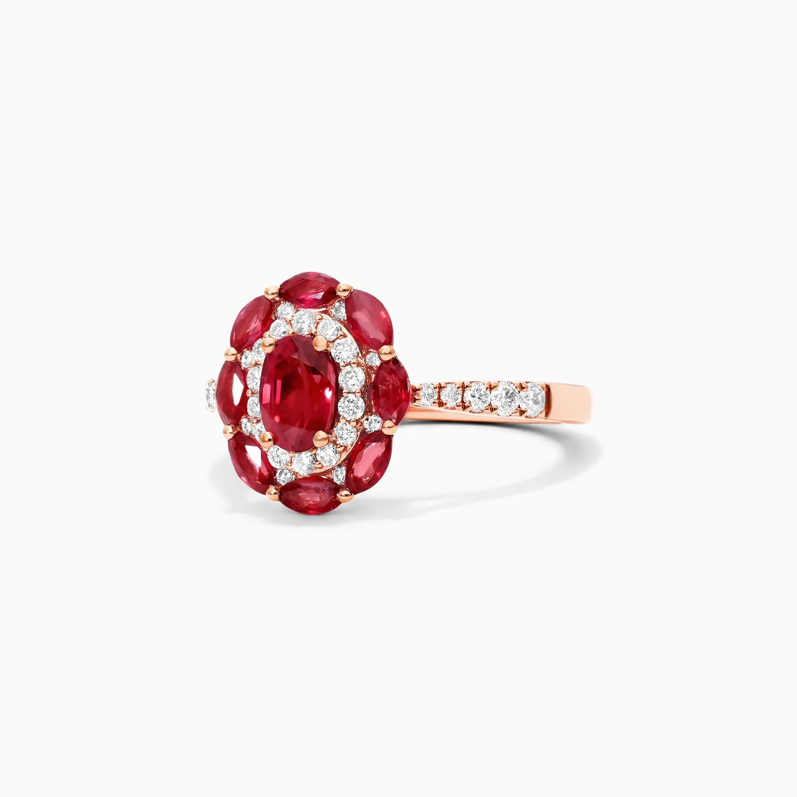 Anel De Ouro Rosa 18k Rubis e Diamantes Delicados Lindy