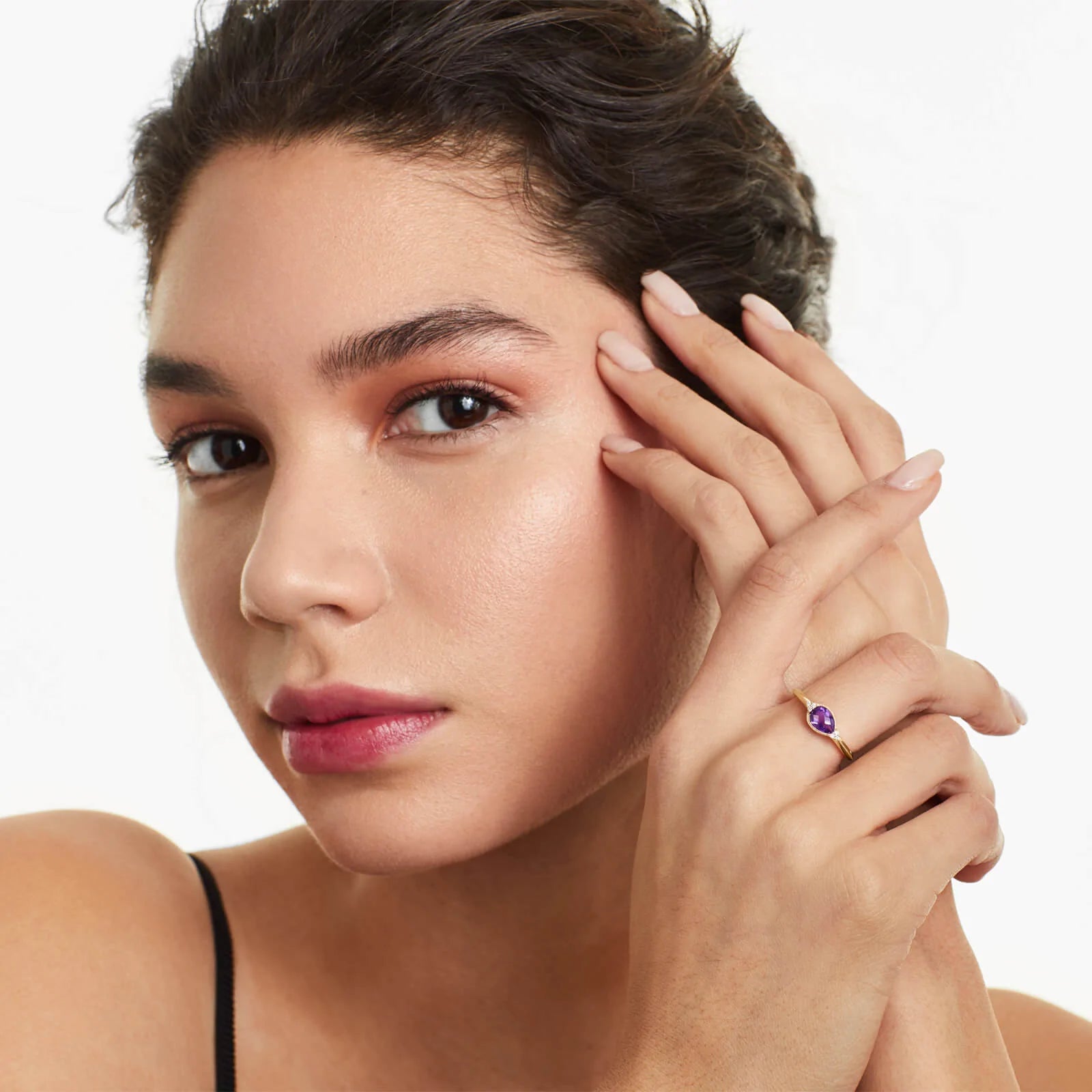 Anel De Ametista em Ouro 18k C/ Diamantes Brilhantes