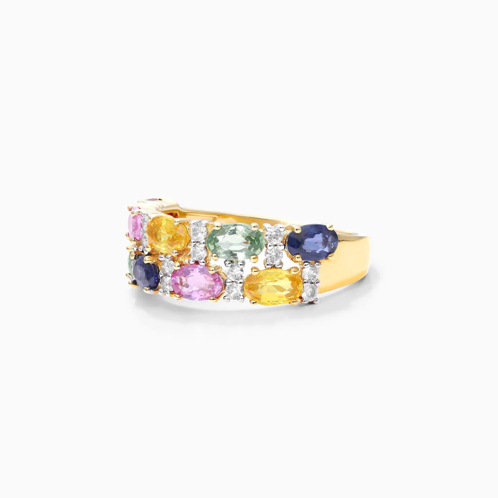Anel de Safira Coloridas em Ouro 18k Dupla Fileira de Luxo
