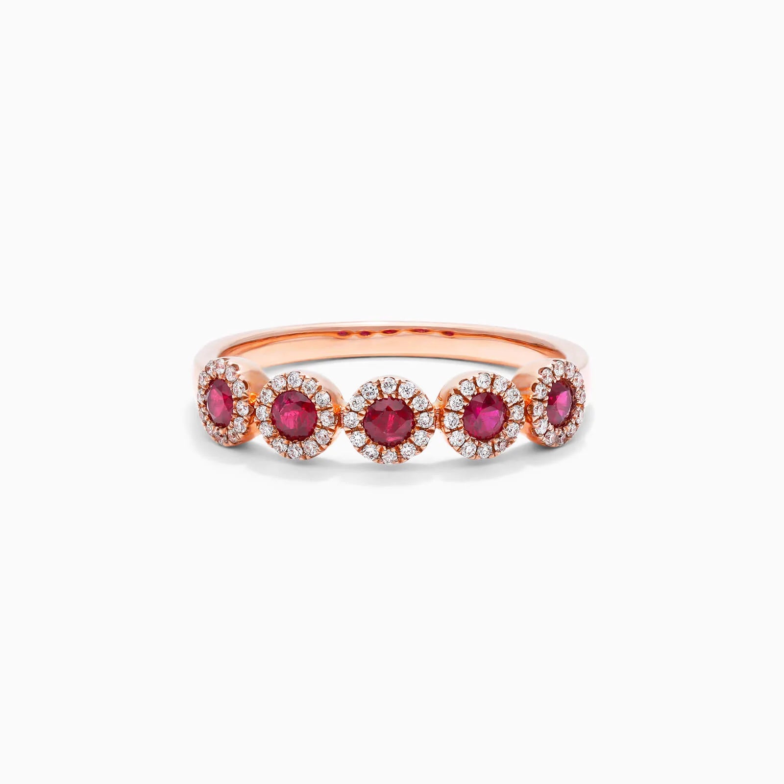 Anel Halo De Ouro 18k c/ Cinco Rubi e Diamantes Brilhantes