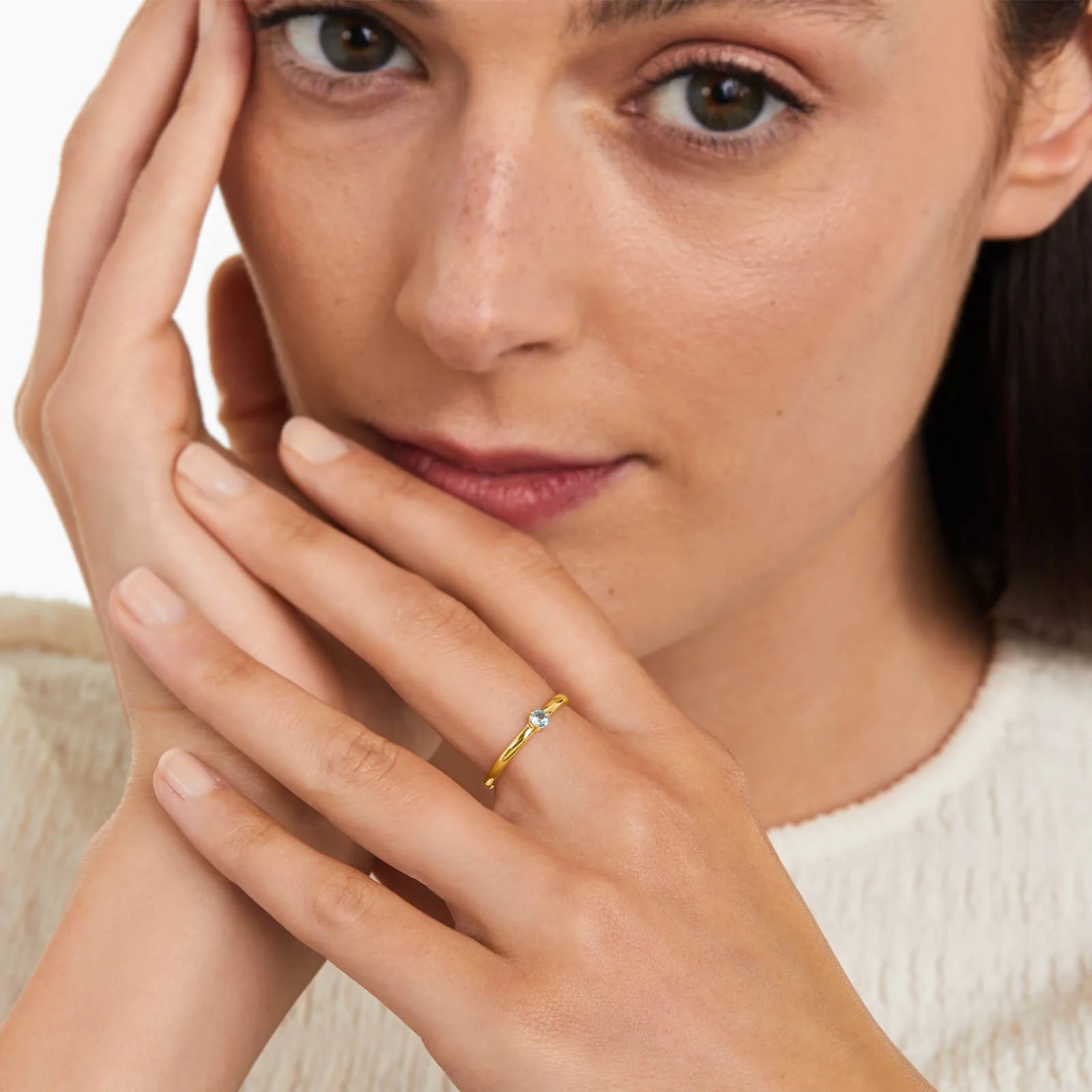 Anel De Ouro 18k Petite Topazio Azul Solitario Delicado Luxo