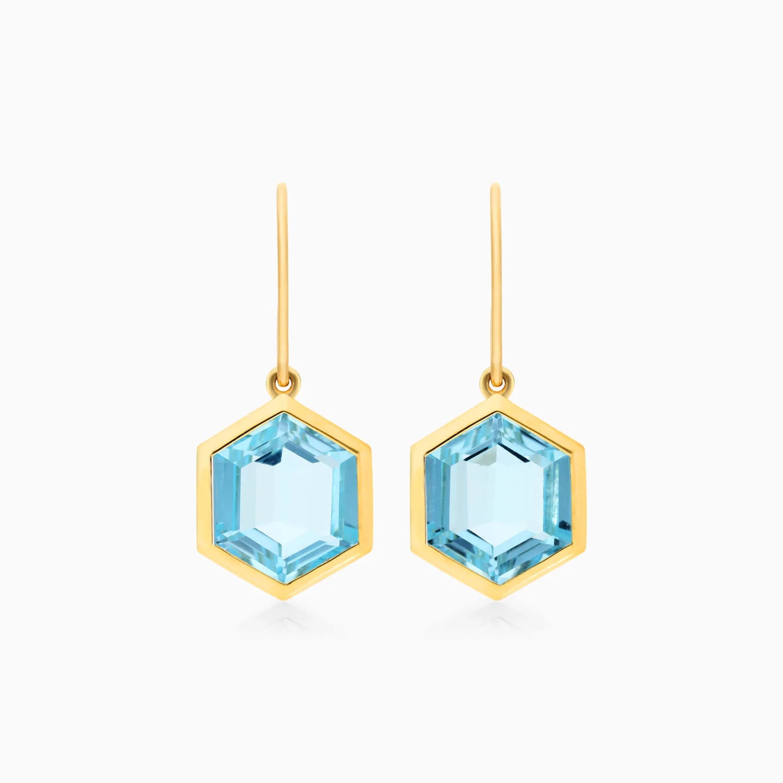 Brinco De Ouro 18k Feminino de Gancho c/ Topazio Azul Hexagonal