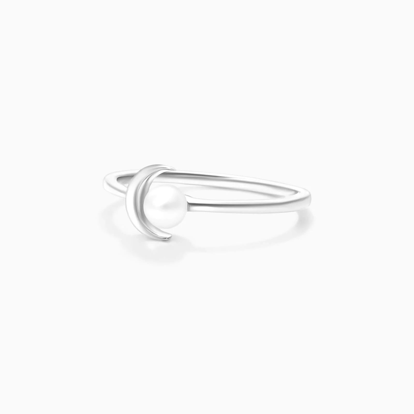 Anel De Ouro Branco 18k Lua Crescente C/ Perola