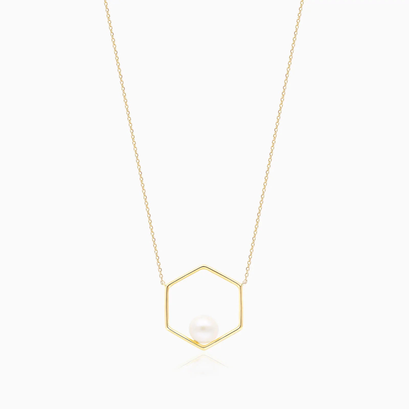 Corrente Feminina Pingente Hexagono C/ Perola Solitaria em Ouro 18k