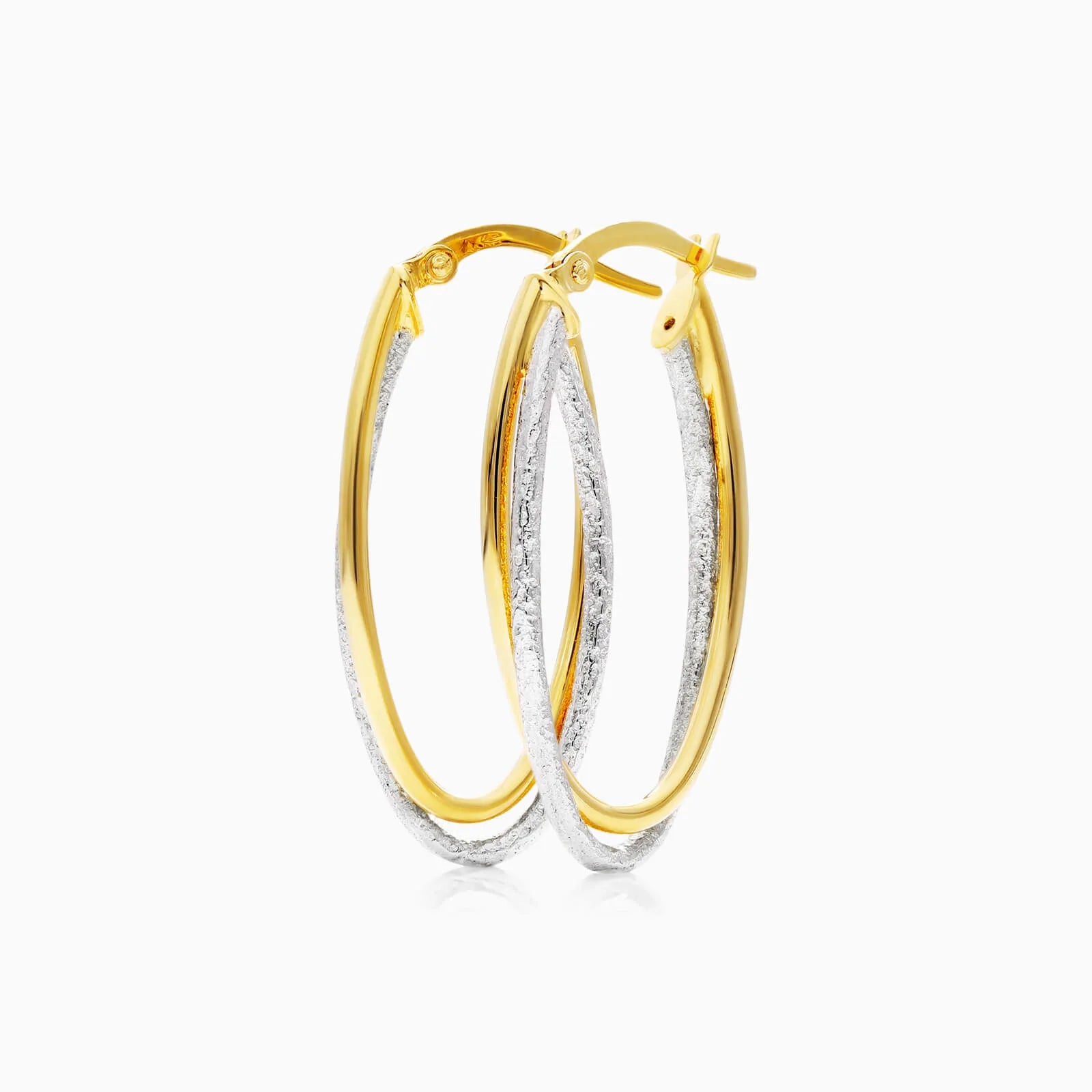 Brinco De Argolas Duplas Ovais em Ouro 18k Amarelo e Branco