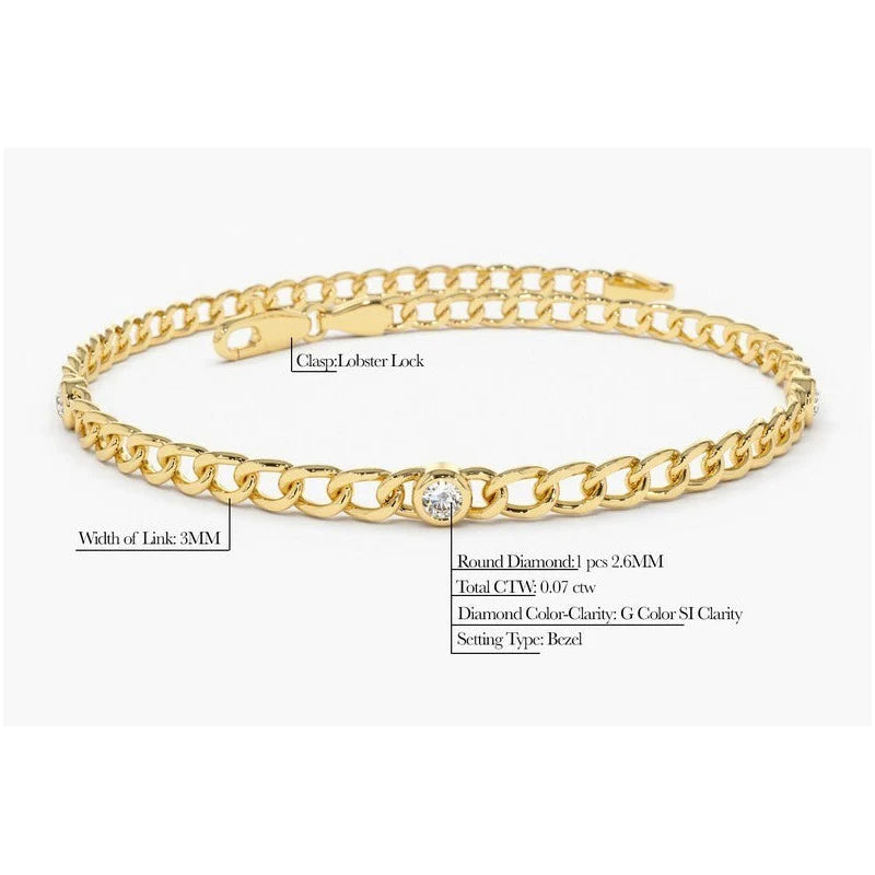 Pulseira Feminina de ouro Bracelete Cubana 3 Diamantes Luxo