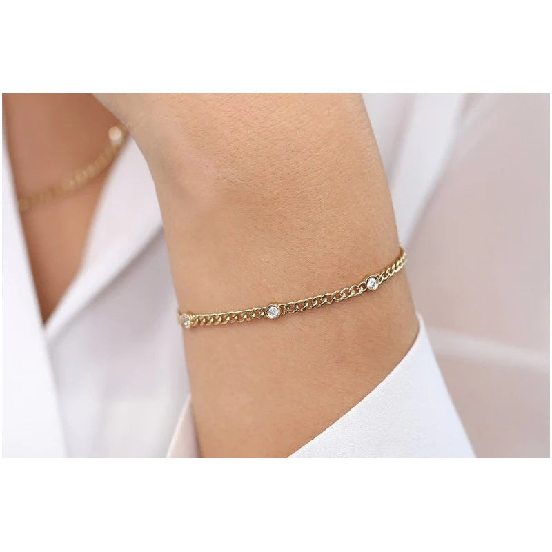 Pulseira Feminina de ouro Bracelete Cubana 3 Diamantes Luxo