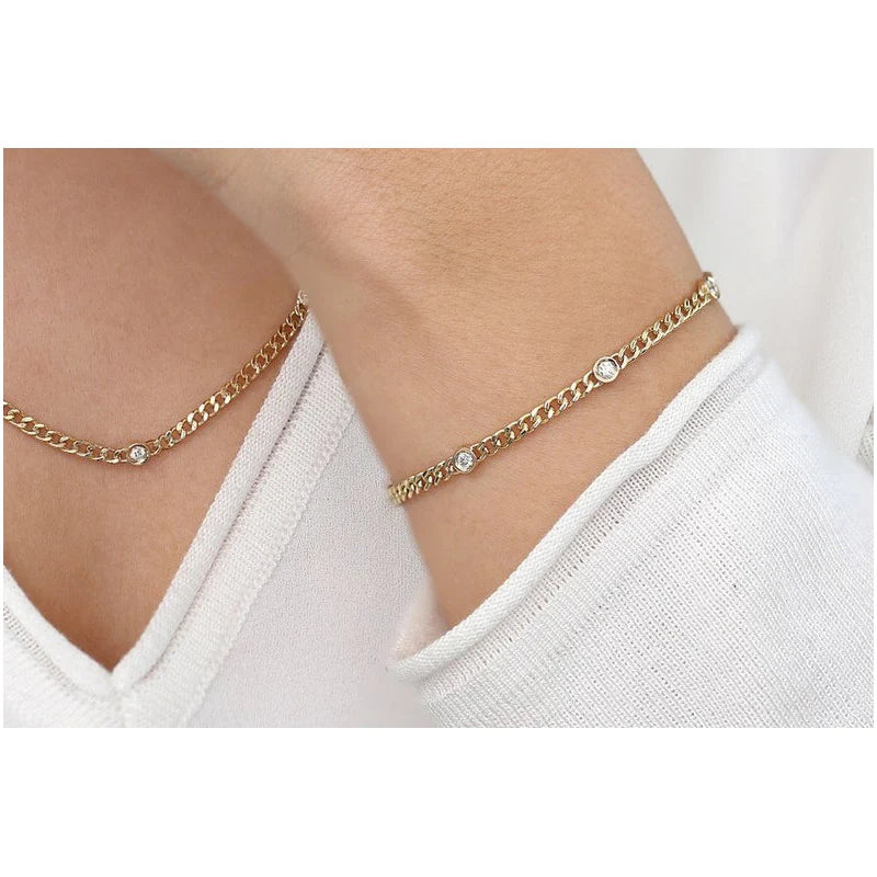 Pulseira Feminina de ouro Bracelete Cubana 3 Diamantes Luxo