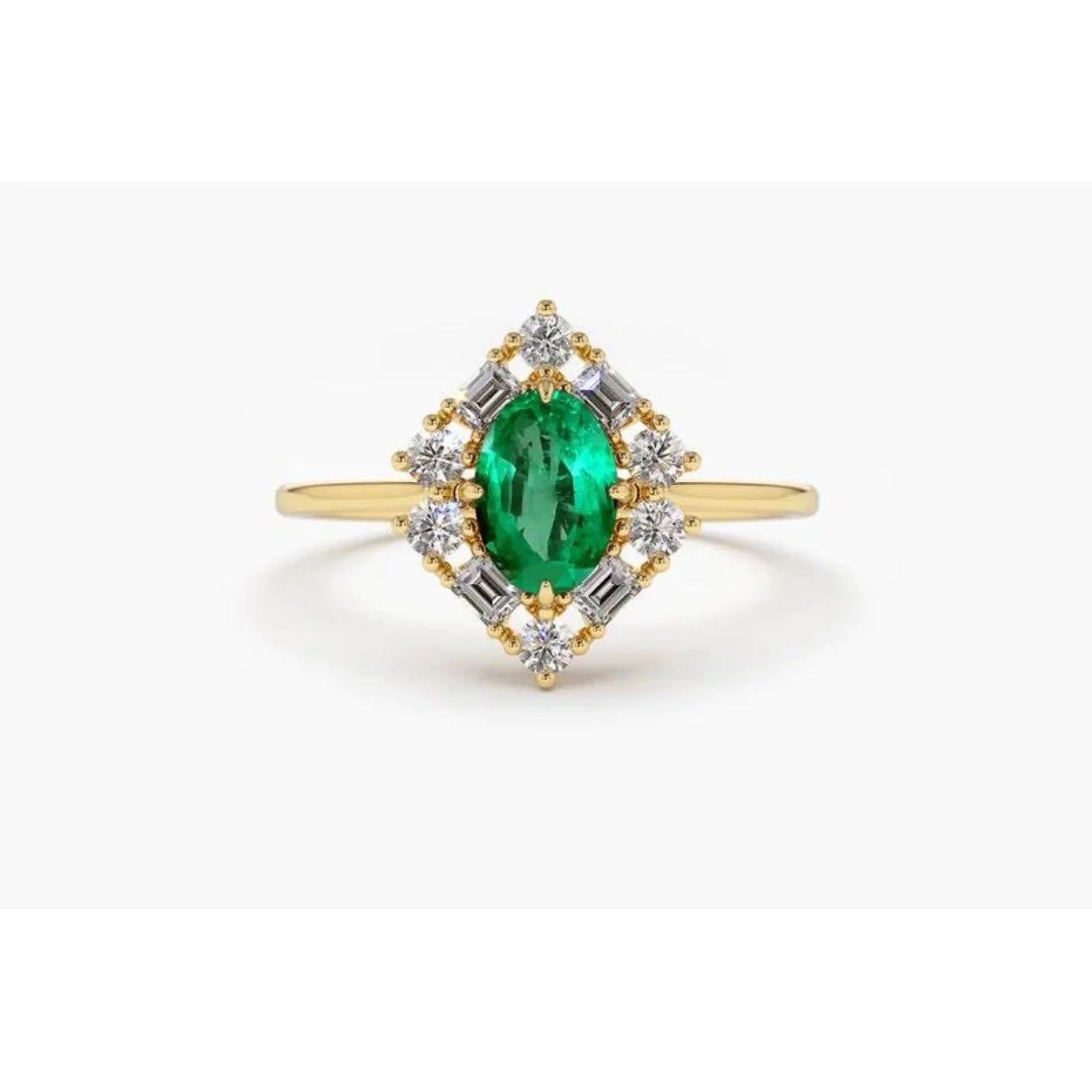Anel De Noivado em Ouro 18k Solitario Esmeralda e Diamantes Brilhantes