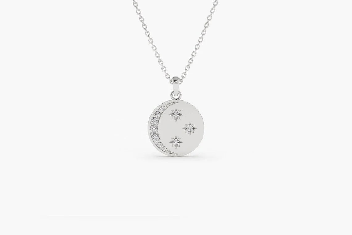Colar De Lua Corrente Feminina em Ouro Branco 18k c/ Diamantes