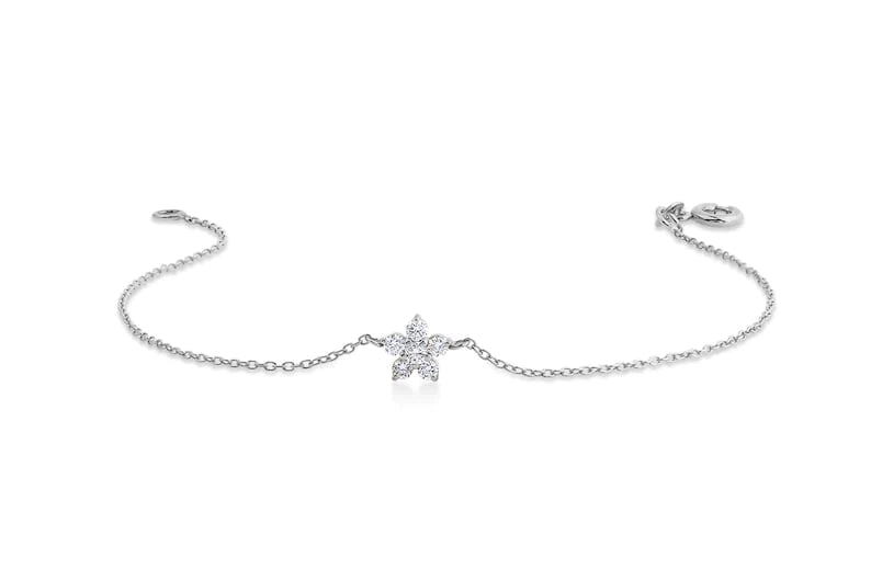 Pulseira Feminina Delicado de Ouro Branco 18k Flor Diamantes