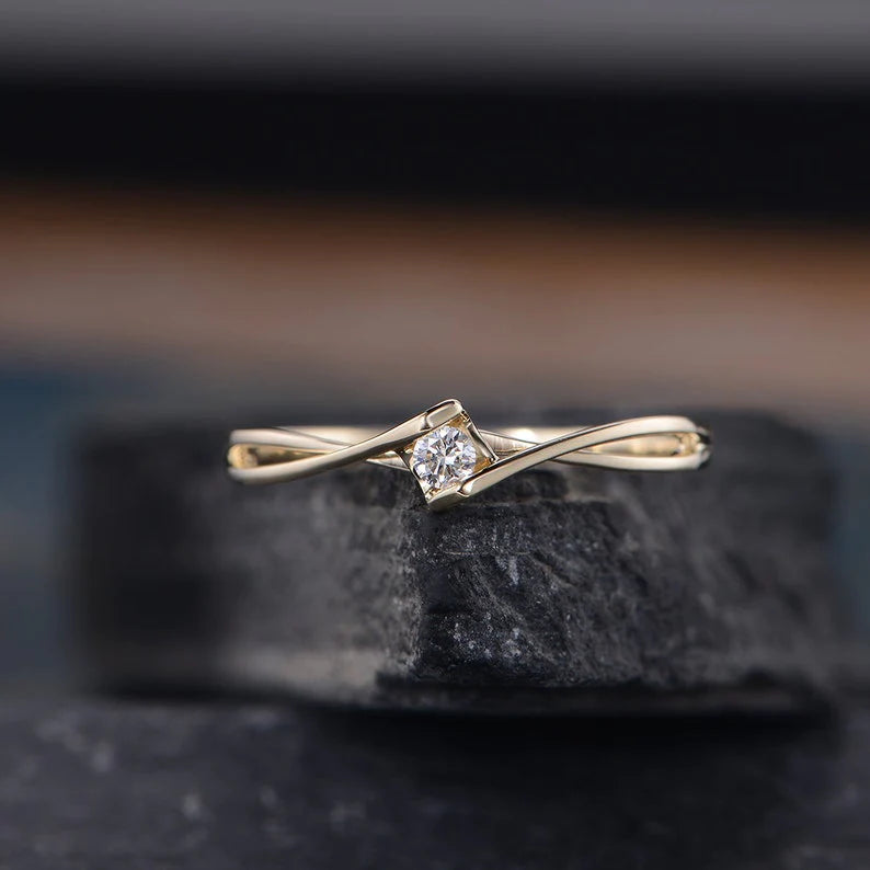 Anel de Noivado Solitario De Diamante Ouro 18k Twist