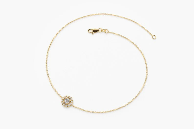 Pulseira Halo Feminina de Ouro Branco 18k Diamante Brilhantes Solitario