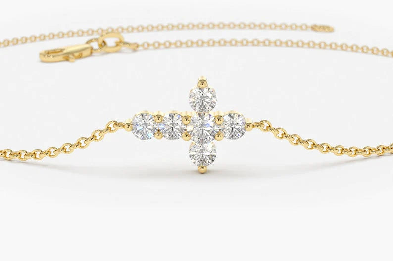 Pulseira Feminina de Ouro Amarelo 18k Cruz De Diamante Delicado