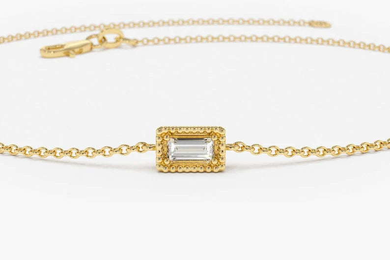 Pulseira Feminina de Ouro Branco 18k Diamante Baguette Solitario