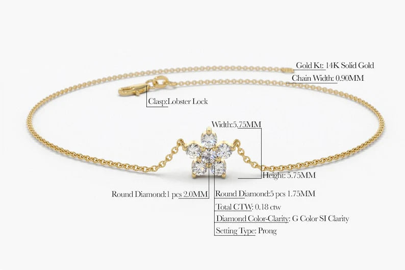 Pulseira Feminina Delicado de Ouro Amarelo 18k Flor Diamantes
