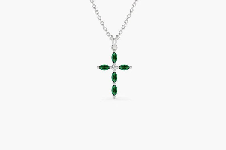 Colar Corrente Cruz de Esmeralda Luxo Feminino em Ouro Amarelo 18k
