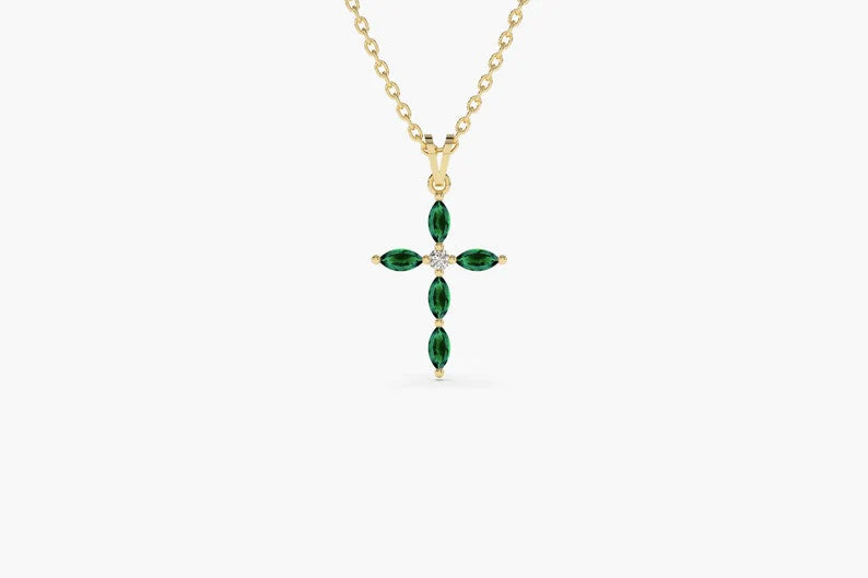 Colar Corrente Cruz de Esmeralda Luxo Feminino em Ouro Branco 18k