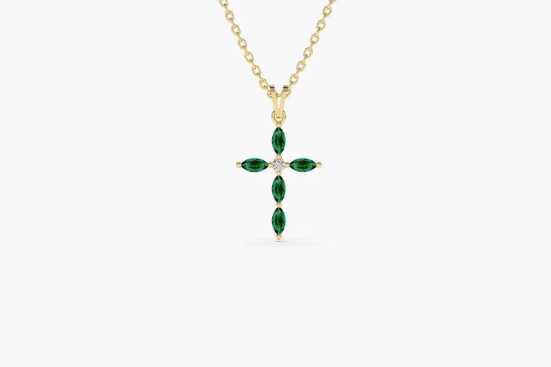 Colar Corrente Cruz de Esmeralda Luxo Feminino em Ouro Amarelo 18k