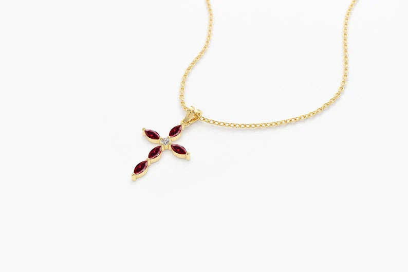 Colar Corrente Cruz de Rubi Luxo Feminino em Ouro Branco 18k