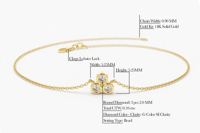 Pulseira Feminina Delicado de Ouro Amarelo 18k Trio Bezel Diamantes