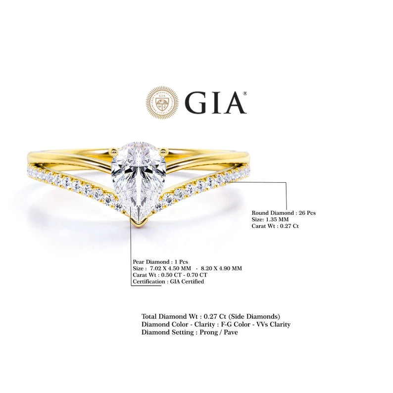 Anel Solitario De Ouro Amarelo 18k e Diamante Brilhante Pear