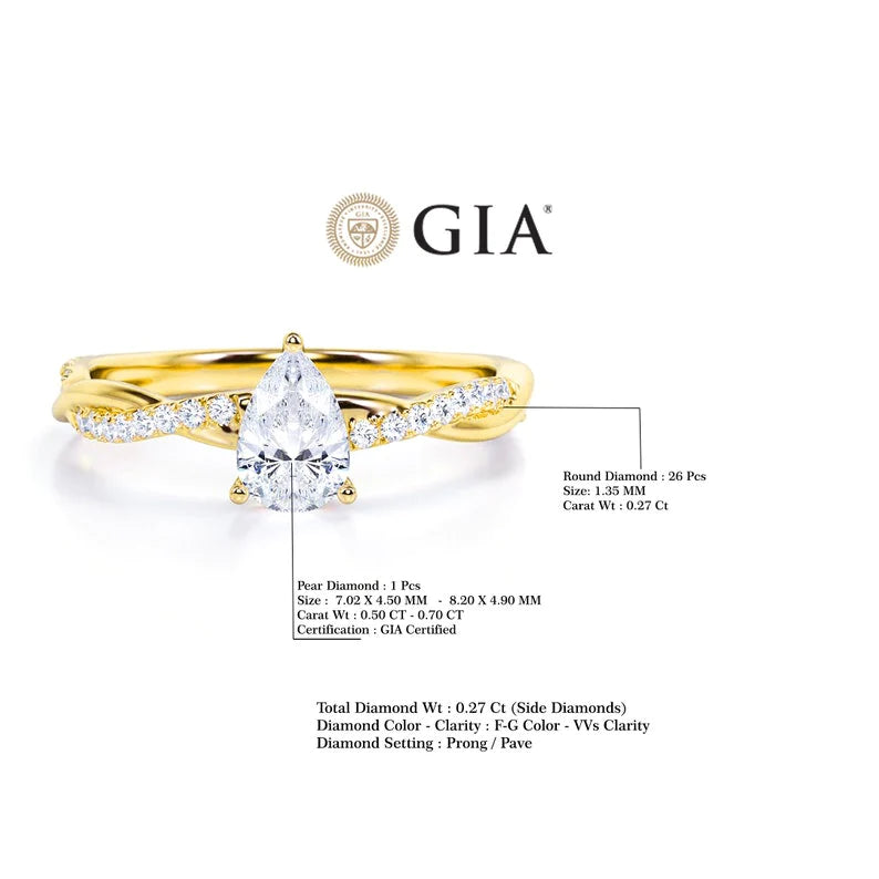 Anel Pear Solitario De Ouro Amarelo 18k Diamantes Brilhantes 50pts