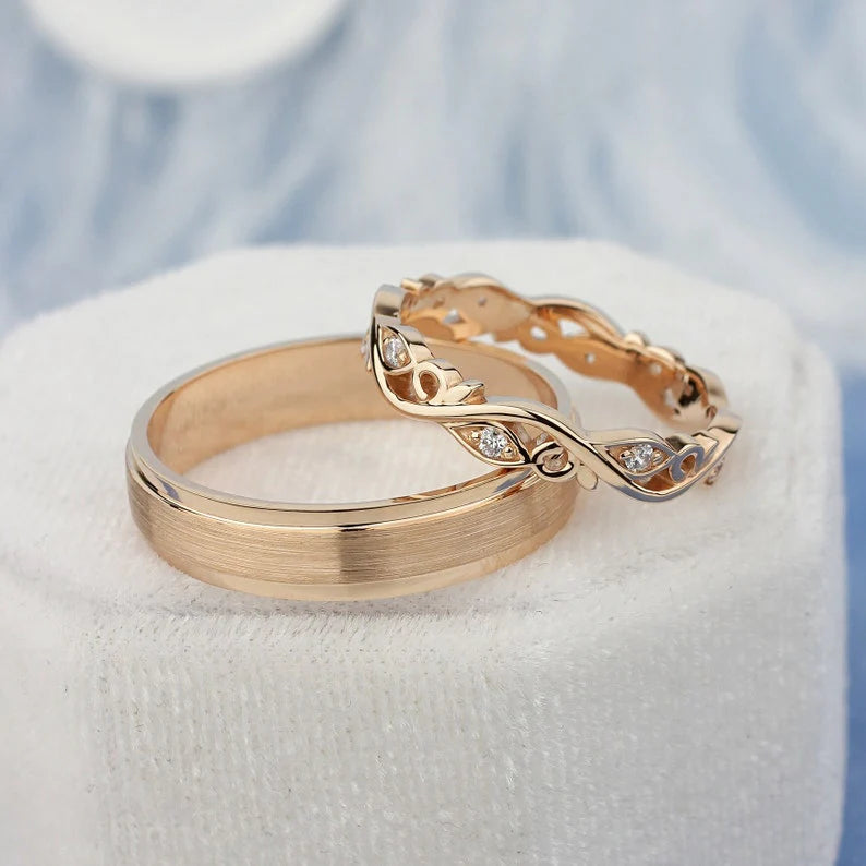 Par de Alianças de casamento noivado ouro 18k diamante Flowers