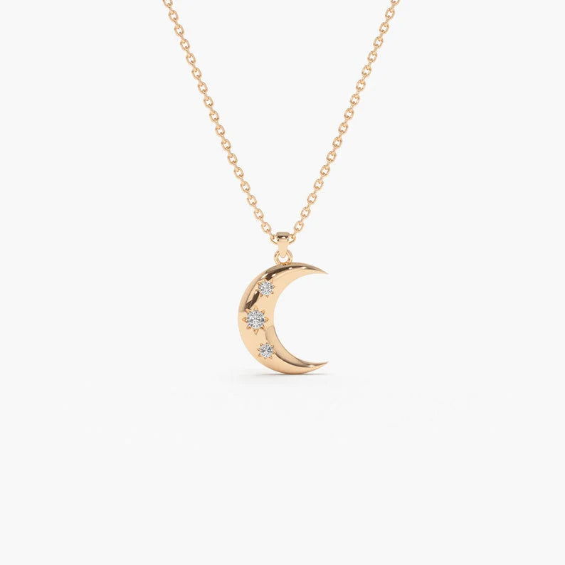 Colar Crescente Lua Corrente Luxo Feminino em Ouro Amarelo 18k c/ Diamante
