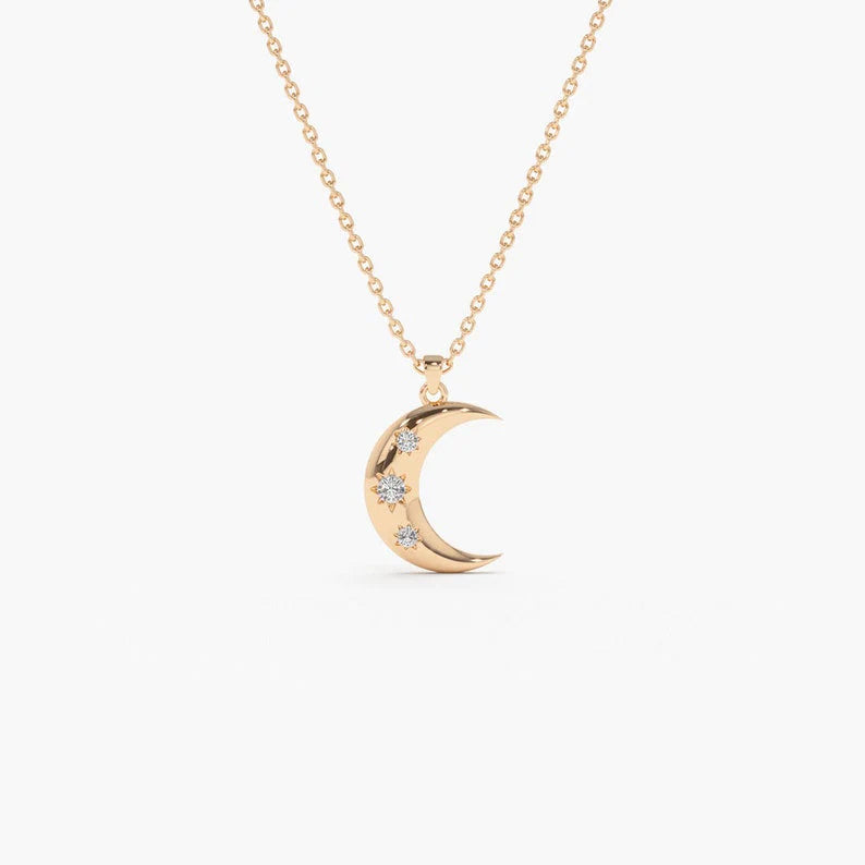 Colar Crescente Lua Corrente Luxo Feminino em Ouro Branco 18k c/ Diamante