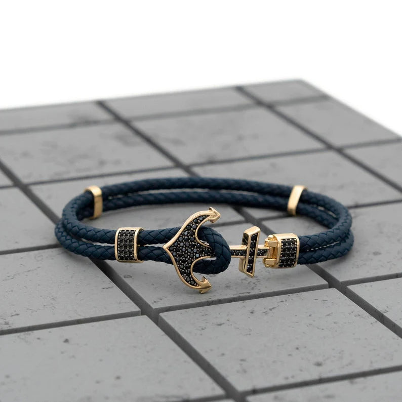 Pulseira masculina couro legítimo e ouro 18k diamantes luxo