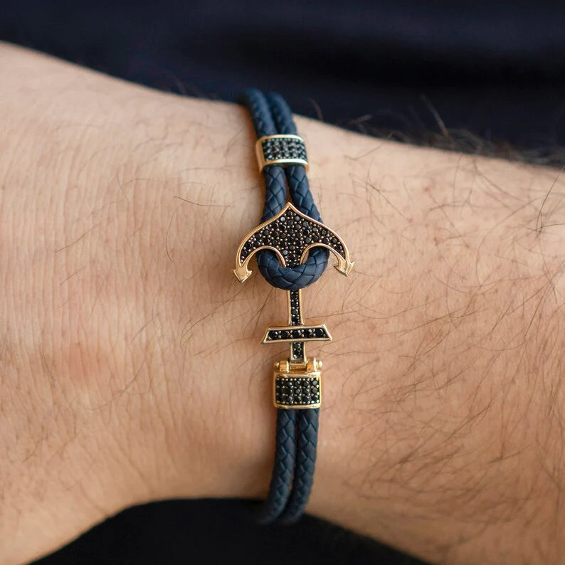 Pulseira masculina couro legítimo e ouro 18k diamantes luxo