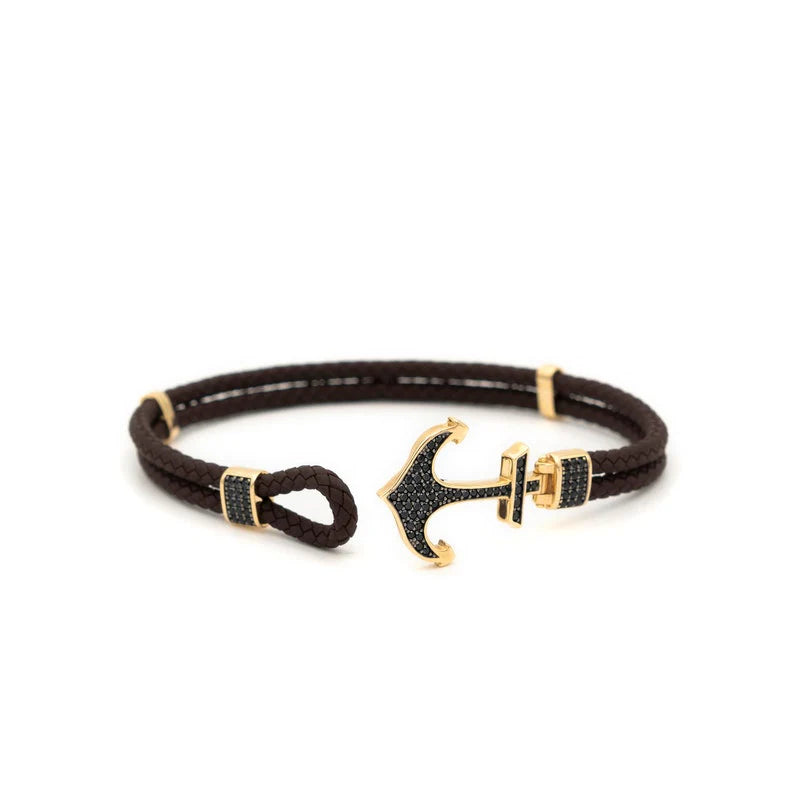 Pulseira masculina couro legítimo e ouro 18k diamantes luxo