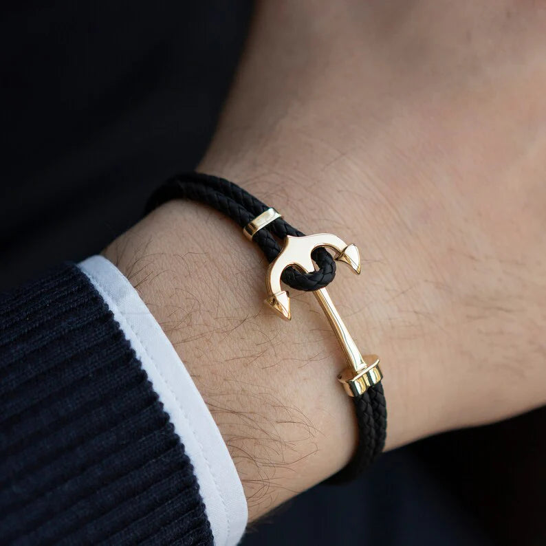Pulseira masculina couro legítimo e ouro 18k luxo