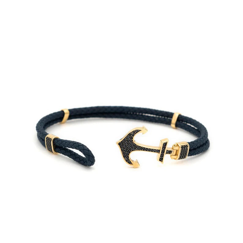Pulseira masculina couro legítimo e ouro 18k diamantes luxo