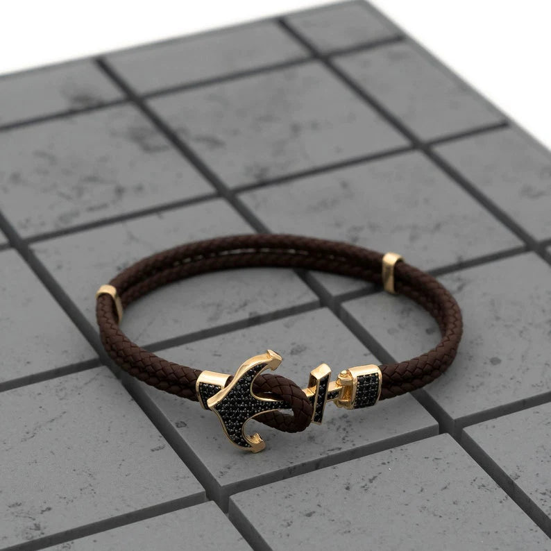Pulseira masculina couro legítimo e ouro 18k diamantes luxo